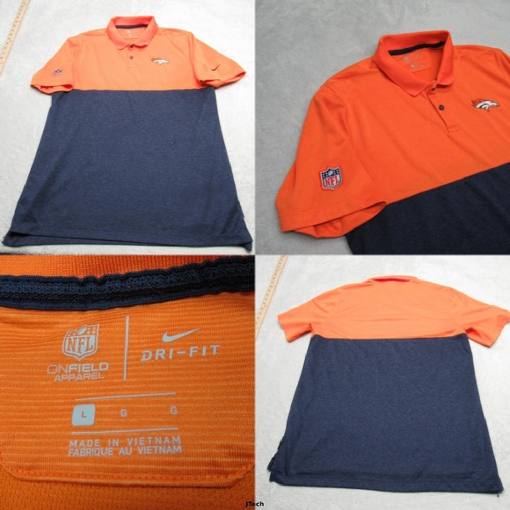 Denver Broncos Polo Shirt Mens Large Orange Blue Colorblock NFL‎ Nike Dri-FIT *